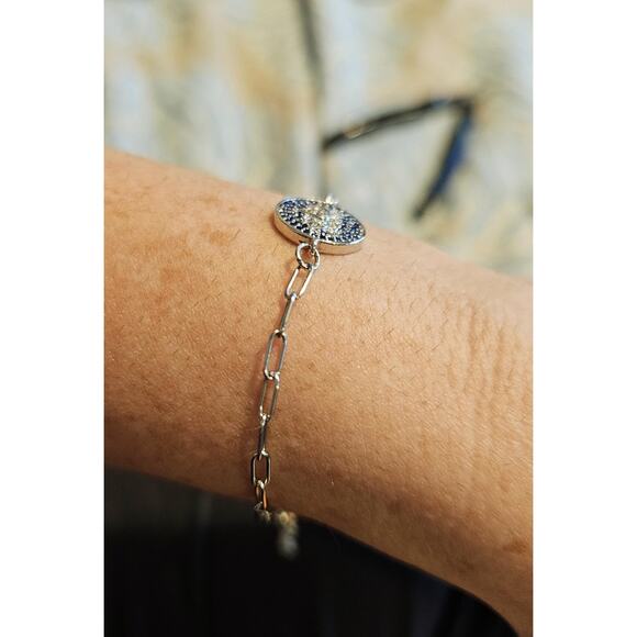 Handmade Lotus CZ Charm Bracelet Blue Stainless Steel Adjustable Paperclip Chain - Picture 2 of 4